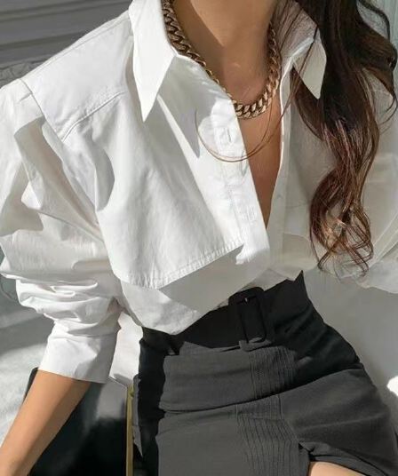가을 의상 새로운 순면 작은 대중 기초 섹션 다용도 폴로 칼라 싱글 줄 버튼 루즈핏 단색 거품 소매 셔츠