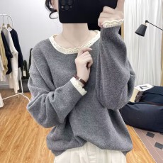 批发秋<b class='q'>冬</b>装毛衣花边领加厚拼色针织衫洋气减龄宽松上衣新款圆领打底衫
