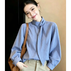 批发<b class='q'>秋</b>装新款大码韩国高级感蓝色条纹衬衫女长袖宽松洋气超好看上衣潮