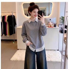 批发已出货 秋装新款卫衣假两件卫衣chic穿搭大码胖mm显瘦正肩上衣