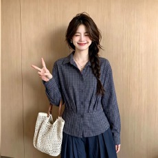 批发秋装新款韩系格子长袖衬衫高级收腰显瘦小衫上衣女