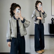 批发秋冬装新款牛仔拼接外套女韩版设计感宽松立领夹克棒球服上衣