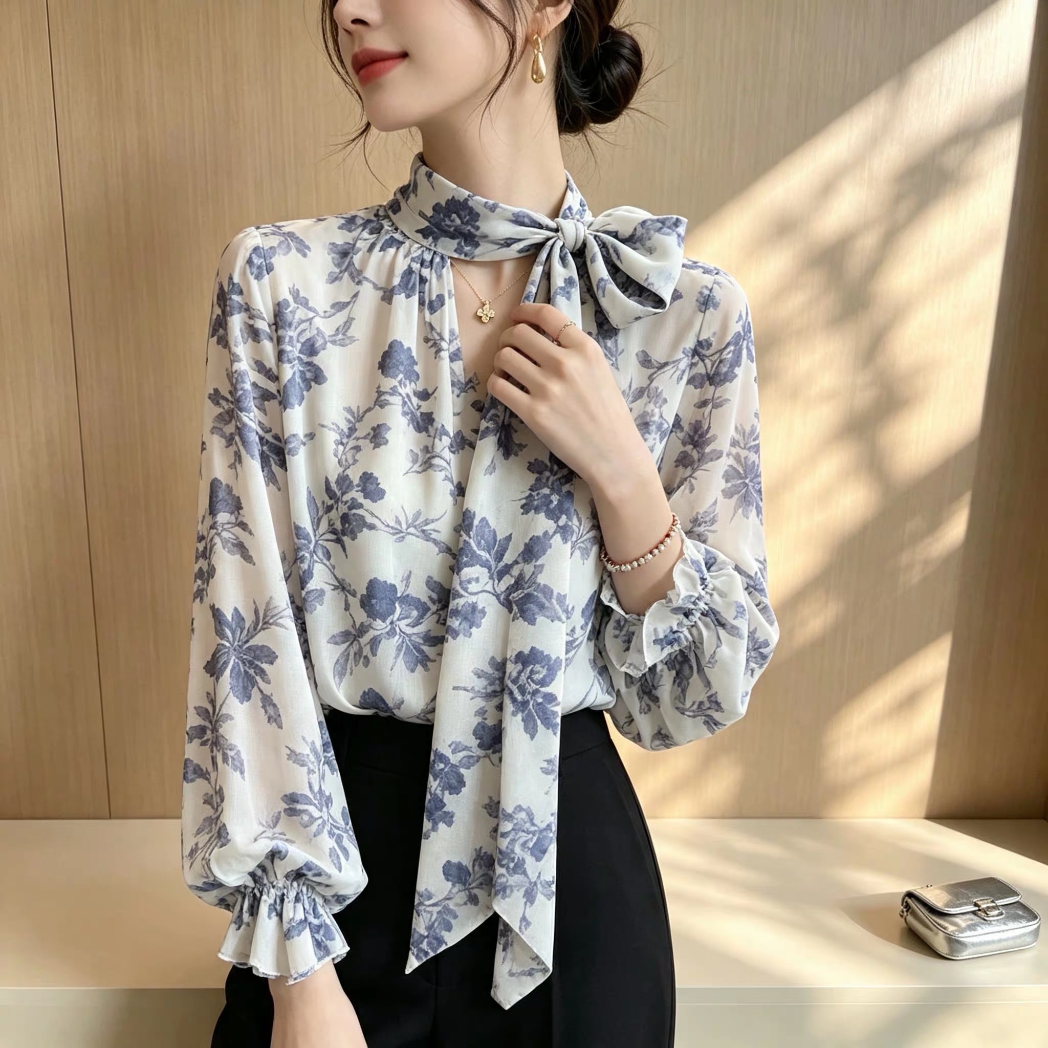 秋装新款法式小资高级感印花蝴蝶...