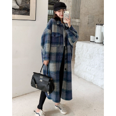 批发秋冬装新款磨毛高档大码女装宽松格纹羊外套格子中长款大衣