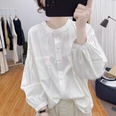 批发<b class='q'>秋</b>装新款纯棉立领灯笼袖长袖衬衫女式韩范减龄上衣复古打底衫衬衣
