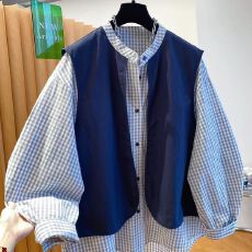 批发秋装新款格子<b class='q'>衬衫</b>宽松时尚叠穿今年流行马甲拼接<b class='q'>假两件</b>上衣
