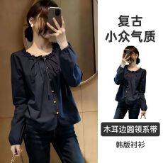 批发秋装新款<b class='q'>韩版</b>木耳边圆领系带长袖<b class='q'>衬衫</b>女复古小众气质百搭上衣