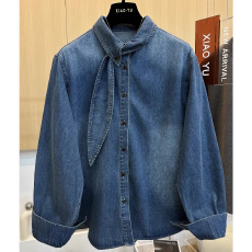 批发秋装新款复古飘带翻领牛仔衬衫女高级感休闲宽松<b class='q'>显瘦</b>百搭<b class='q'>外套</b>上衣