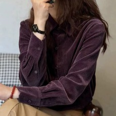 批发秋装新款紫色灯芯绒衬衫女洋气减龄内搭宽松显瘦翻领打底衫上衣