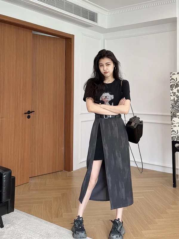 수묵화 그라데이션 염색 페이크 레이어드 차가운 바람의 소리 드레스 패치워크 치마