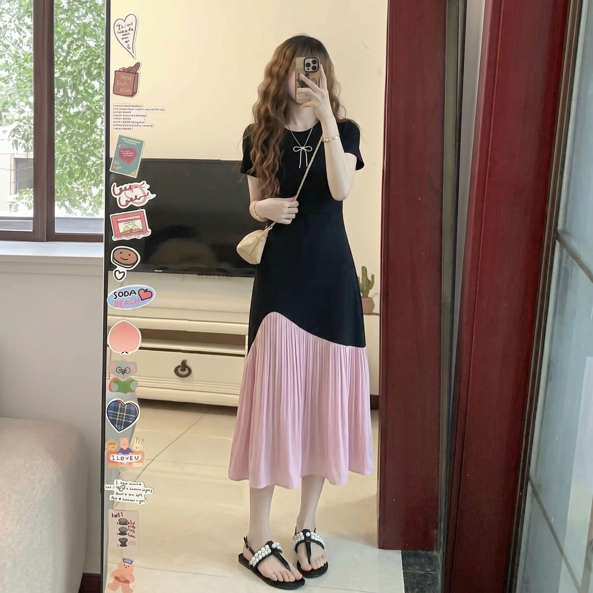 불규칙 배색 패치워크 절묘한 드레스 여름 디자인 센스 우아함 품격 치마