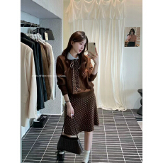 批发学院风针织套装女2026秋季新款娃娃领蝴蝶结毛衣波点半身裙两件套