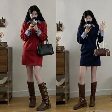 批发2026年秋季新款女装<b class='q'>针织</b>上衣短裙<b class='q'>套装</b>两件套V领假两件