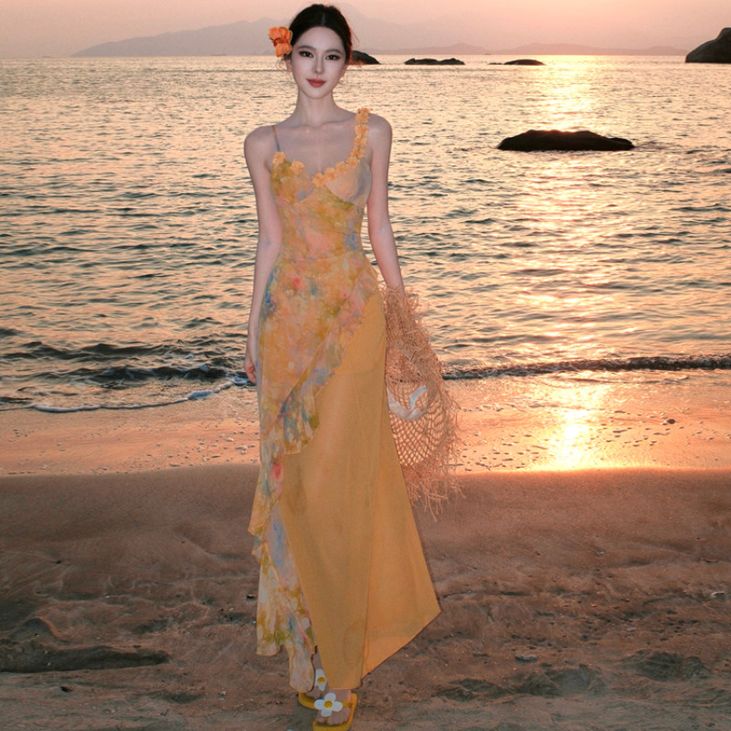 日落繁花晕染雪纺连衣裙独特漂亮掐腰裙度假吊带长裙