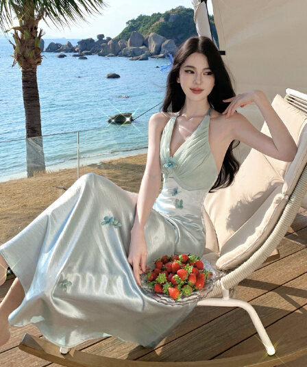 나비 진주 프랑스식 휴가 바람 무거운 작업 행침 목 파란색 꽃 드레스 새틴 요정 치마 여름
