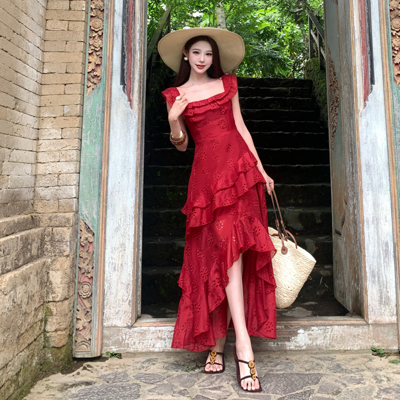 순수한 욕망 핫걸 빨간색 자수 슬립 여성 드레스 불규칙 프릴 섹시함 트임 해변가 휴가 롱 스커트