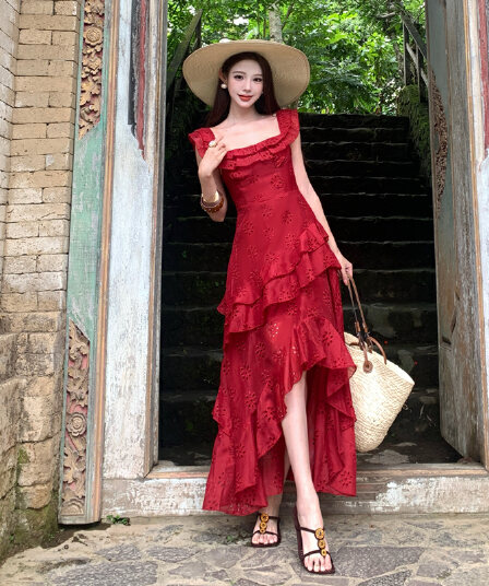 순수한 욕망 핫걸 빨간색 자수 슬립 여성 드레스 불규칙 프릴 섹시함 트임 해변가 휴가 롱 스커트