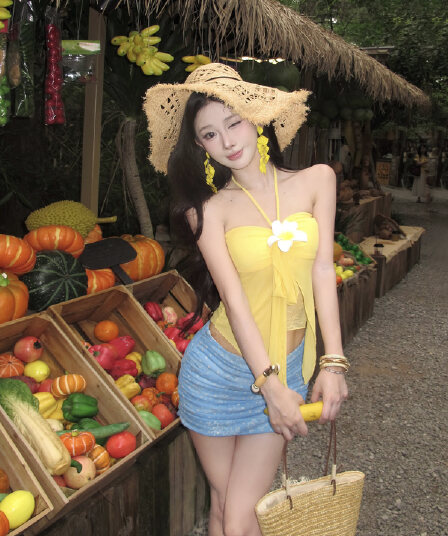 레몬 해안 여름 Mingyan 부서 튜브탑 행침 목 스트랩 꽃 맨위 도트 무늬 메쉬 타이트 스커트 반 스커트 세트