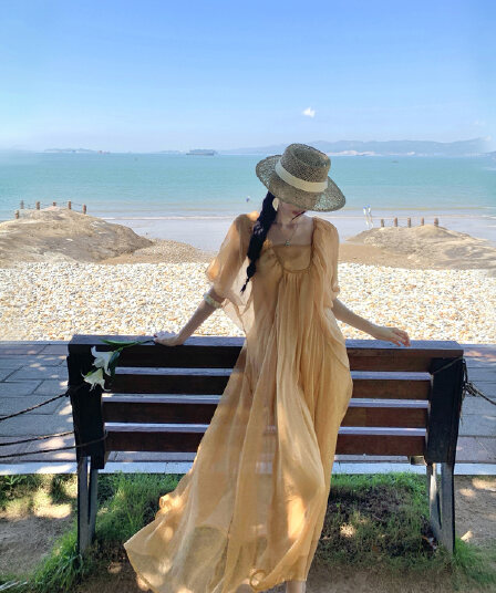 호박색 깃발 감기 센스 광장 칼라 거품 소매 구슬 빛 여성 드레스 여름 품격 치마