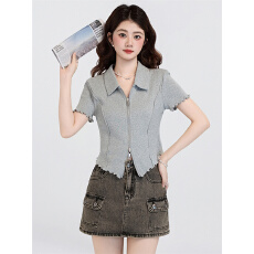 批发实价【40支1*1纯棉】<b class='q'>夏季</b>新款双拉链POLO领灰色木耳边小众短袖T恤