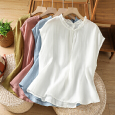 批发<b class='q'>实拍</b>2026夏新款棉麻复古木耳领后开扣<b class='q'>衬衫</b>薄款纯色上衣