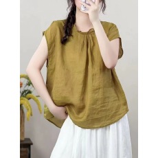 批发2026夏新款棉麻复古木耳领后开扣衬衫薄款纯色上衣