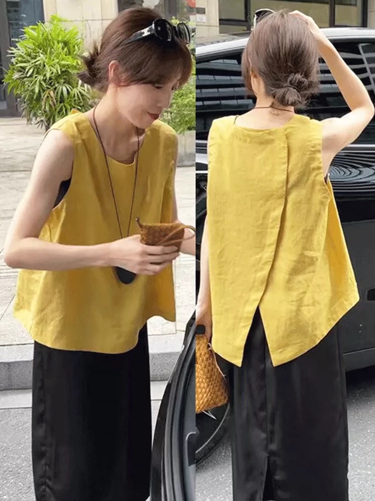 2026 여름 새로운 면 린넨 빅 사이즈 루즈핏 민소매 라운드 넥 Chic 이후 버클 작은 셔츠