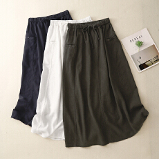 批发202春季新款复古棉麻半身裙女后开叉裙子显瘦中长款A字裙