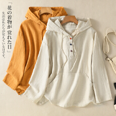 批发实拍2026春季新款棉麻文艺复古长袖连帽<b class='q'>套头卫衣</b>宽松休闲上衣<b class='q'>女</b>