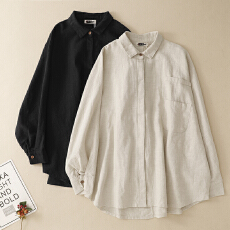 批发实拍棉麻大码开衫上衣女2026新款改良纽扣立领<b class='q'>长袖</b>衬衣蝙蝠袖衬衫