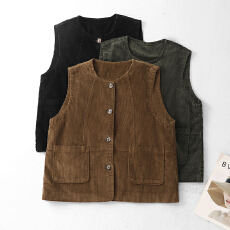 批发实拍圆领灯芯绒马甲女宽松<b class='q'>百搭</b>文艺复古双口袋条绒坎肩背心上衣女