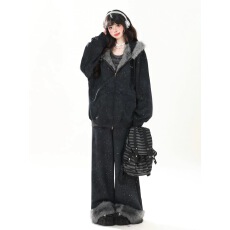 批发ENJOG 满天星毛绒兔耳连帽卫衣套装女加绒秋冬保暖宽松慵懒两件套