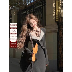 批发吃绿色菜【小姐 12.16】法式蕾丝蝴蝶结系带收腰针织连衣裙