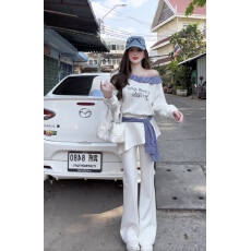 批发原创蓝色条纹翻领斜肩字母印花长袖+阔腿裤两件套LJD01281