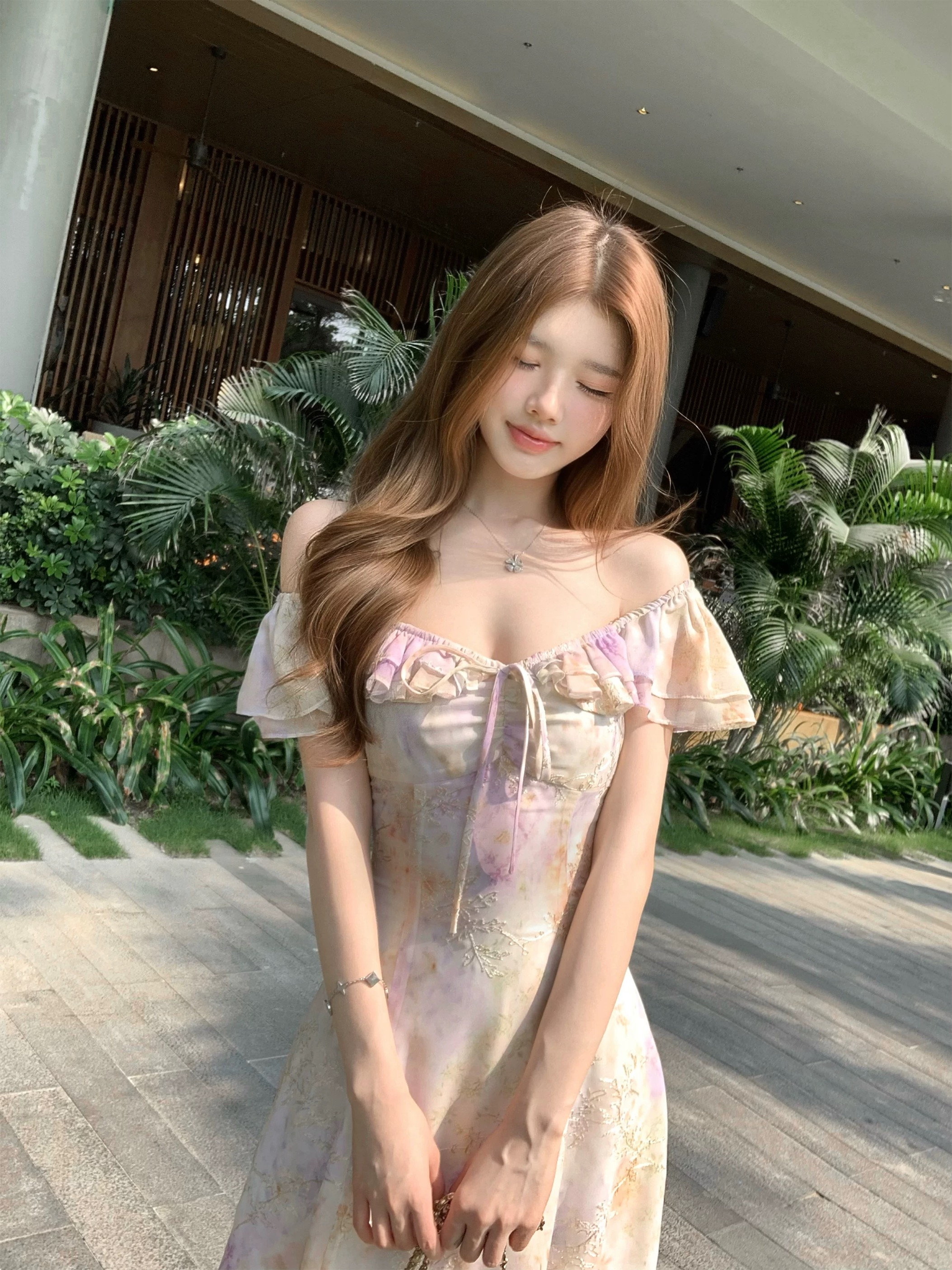 q 여자 집 4 30 취리히 갤러리 부드러운 요정 가스 오프숄더 둘 착용 자수 연꽃 잎 인어 꼬리 몸매 가꾸기 롱 스커트