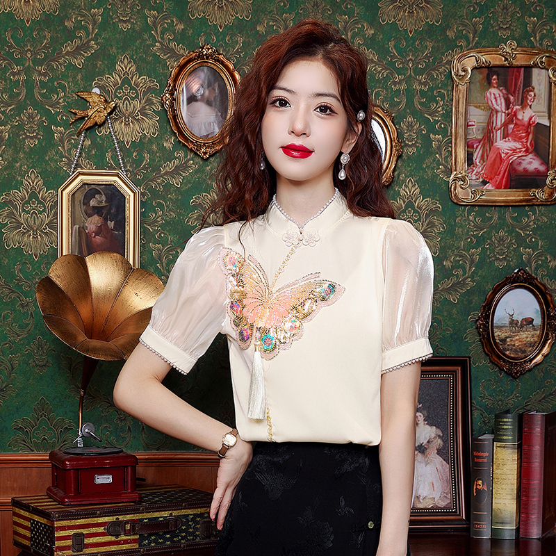 국풍 여름 무거운 작업 3 차원 자수 비즈 박기 단추 레트로 쉐 아즈 공단 개선 치파오 반팔 맨위 여성 셔츠