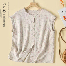 批发官网图2026新款棉麻大码短袖T恤上衣印花文艺复古木耳边春