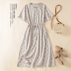 批发实拍2026新款棉麻大码短袖连衣裙女木耳边领文艺复古春<b class='q'>夏</b>