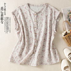 批发实拍2026新款棉麻大码短袖<b class='q'>T</b><b class='q'>恤</b>上衣印花文艺复古木耳边春