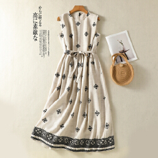 批发实拍2026新款棉麻<b class='q'>春</b>夏圆领无袖宽松通勤气质连衣裙原麻色文艺女