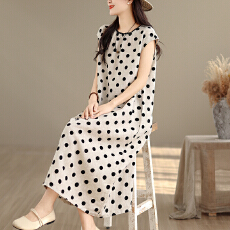 批发实拍2026新款棉麻连衣裙女夏季宽松波点中长款时尚休闲显瘦裙子