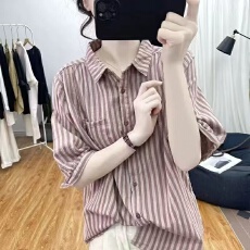 批发官图2026新款复古<b class='q'>条纹</b>短袖<b class='q'>衬衫</b>女翻领<b class='q'>衬衣</b>胖MM大码遮肚五分袖上衣