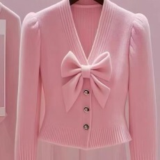新款2025冬季温柔通勤风粉色V领蝴蝶结显瘦羊毛针织衫