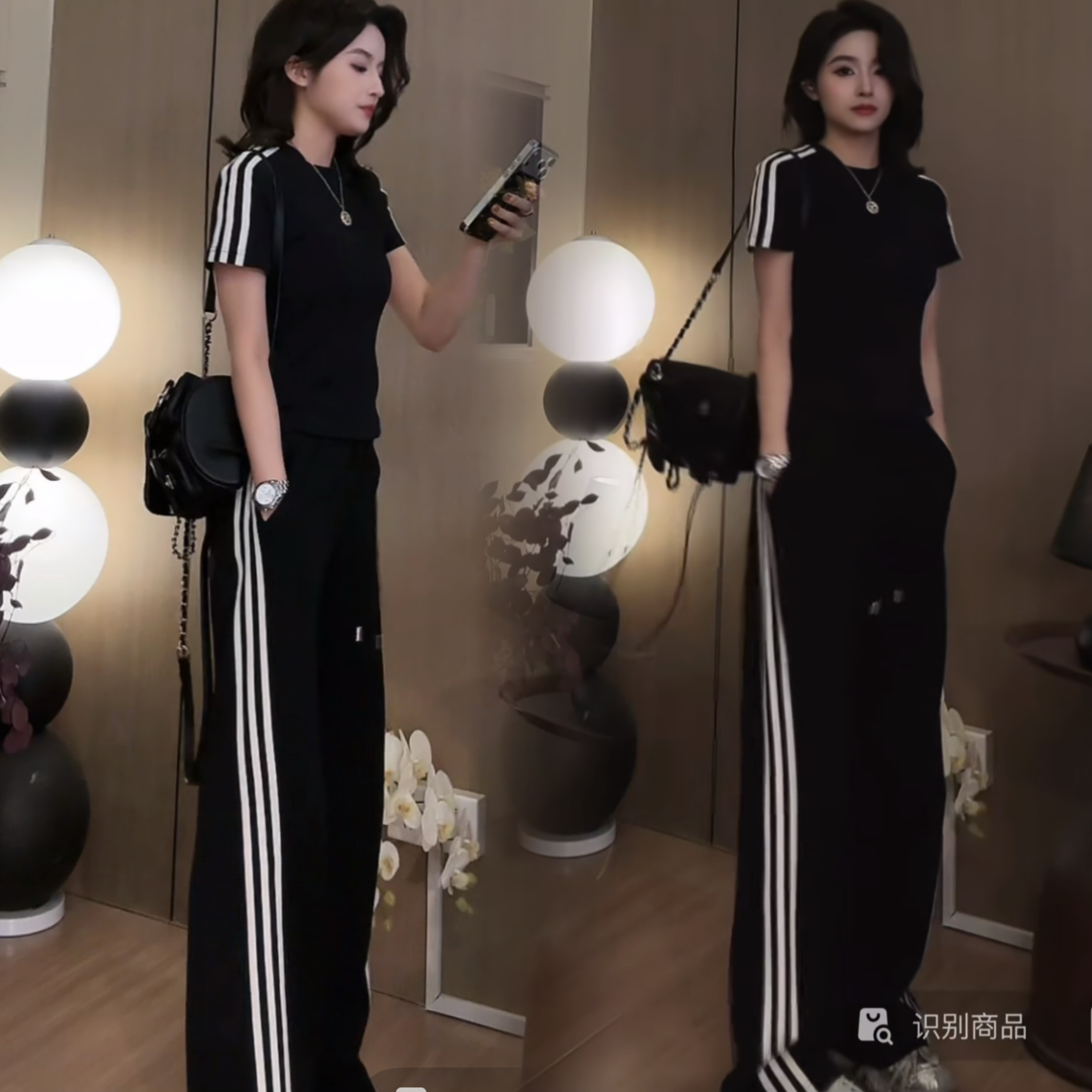 봄 여름 스트라이프 웨이 바지 아메리칸 운동 길다 스트레이트 슬림해 보이는 캐주얼 바지 슬림해 보이는 반팔 여성 티셔츠