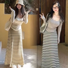 批发【HuiHui】韩国东大门新款显瘦百搭高腰<b class='q'>条纹</b>半身裙<b class='q'>长裙</b>U领上衣