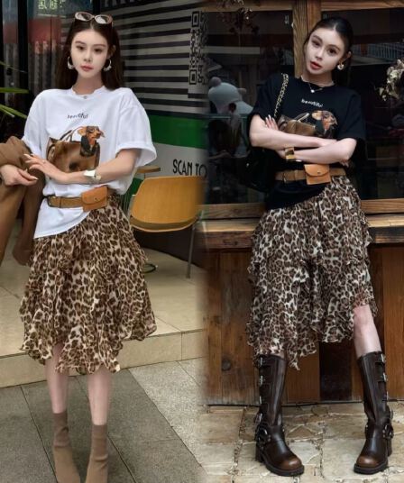 에 따르면 아름다움 딩 다용도 경 사진 디자인 허리밴드 레오파드 무늬 하프 거즈 스커트 루즈핏 티셔츠 세트