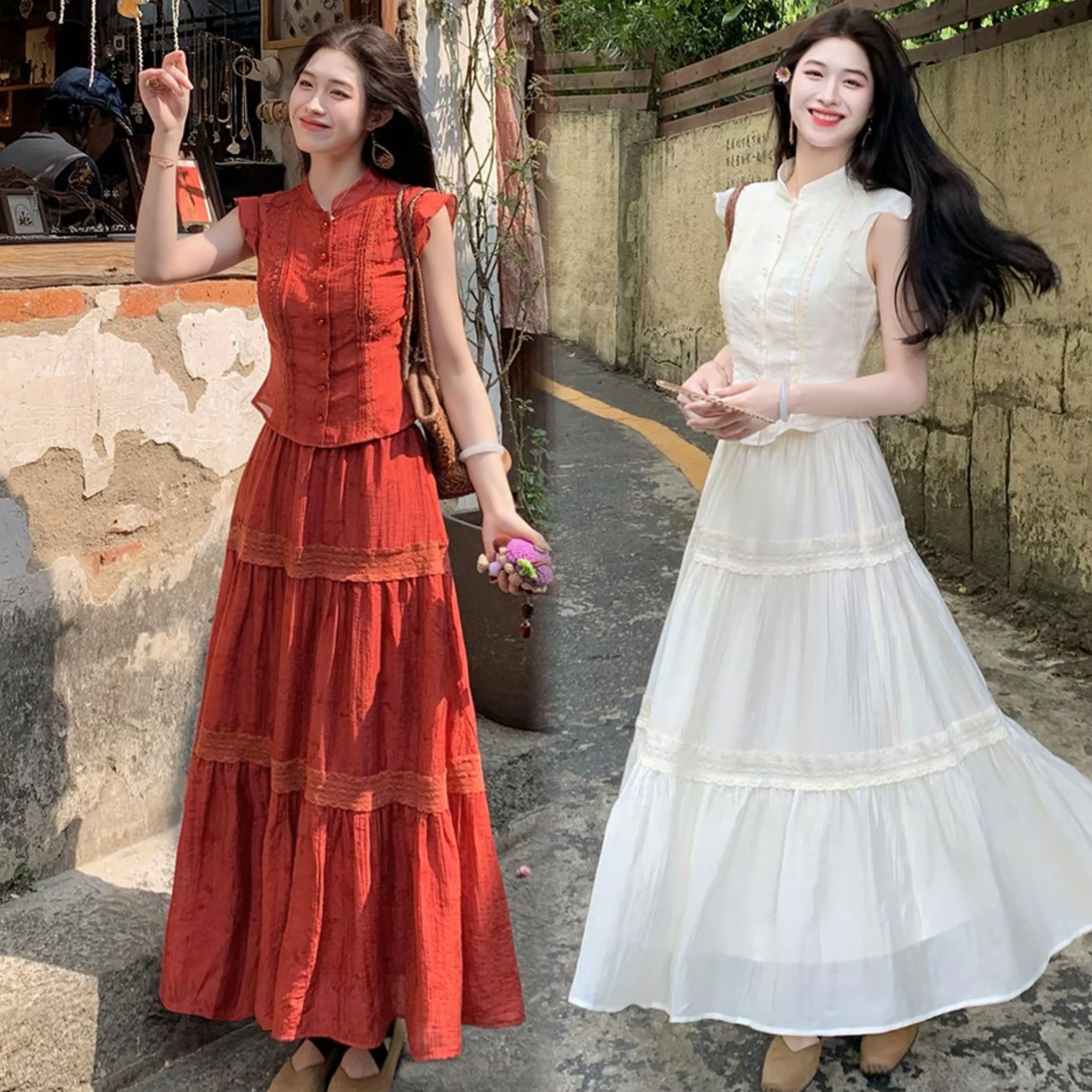RY3160# 凌茜恣禾南枝红国风新中式短款上衣长款高腰大A摆半身裙套装裙
