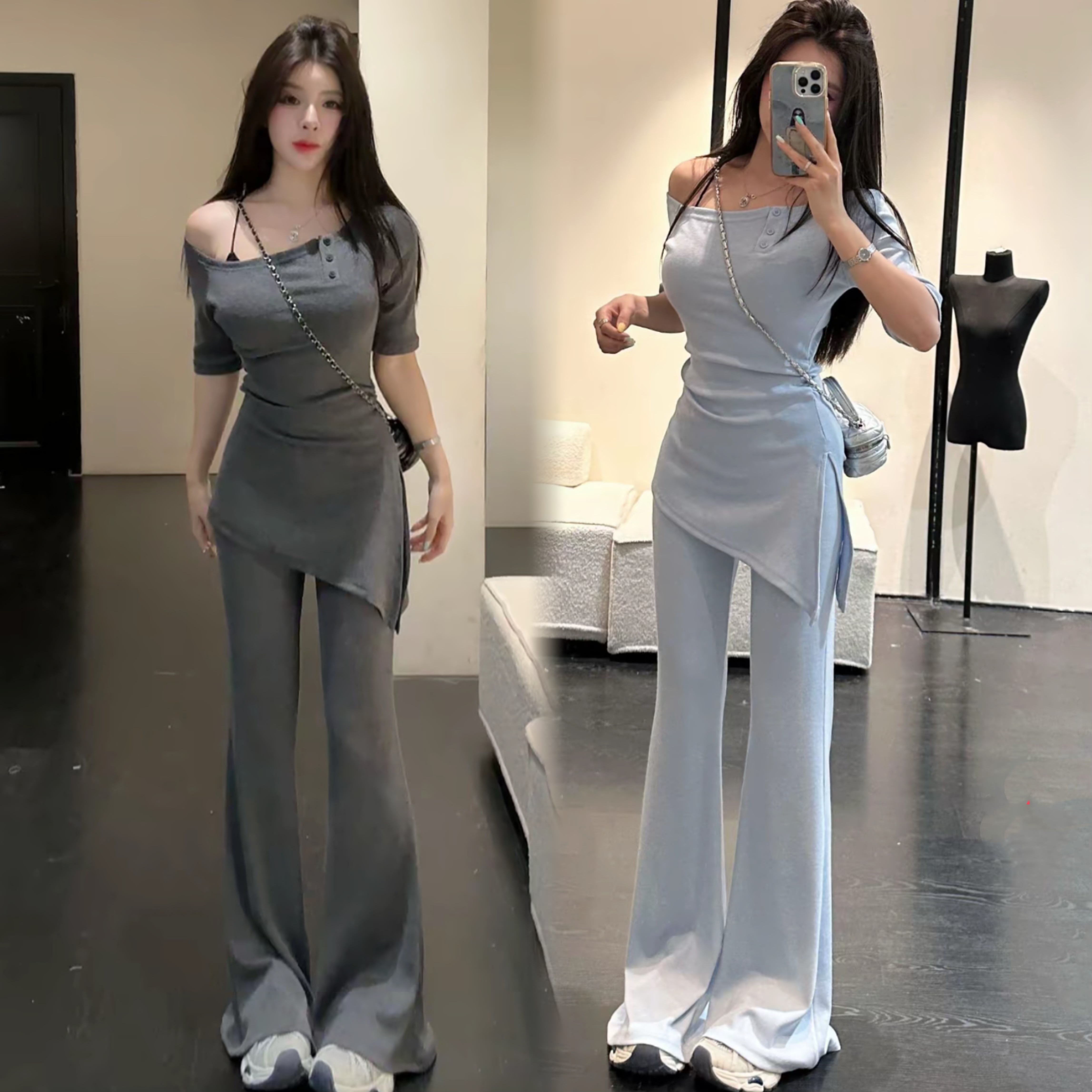 huihui 여름 새로운 한 부서 캐주얼 바람 반팔 맨위 와이드 레그 팬츠 세트