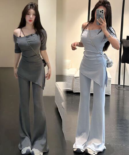 huihui 여름 새로운 한 부서 캐주얼 바람 반팔 맨위 와이드 레그 팬츠 세트