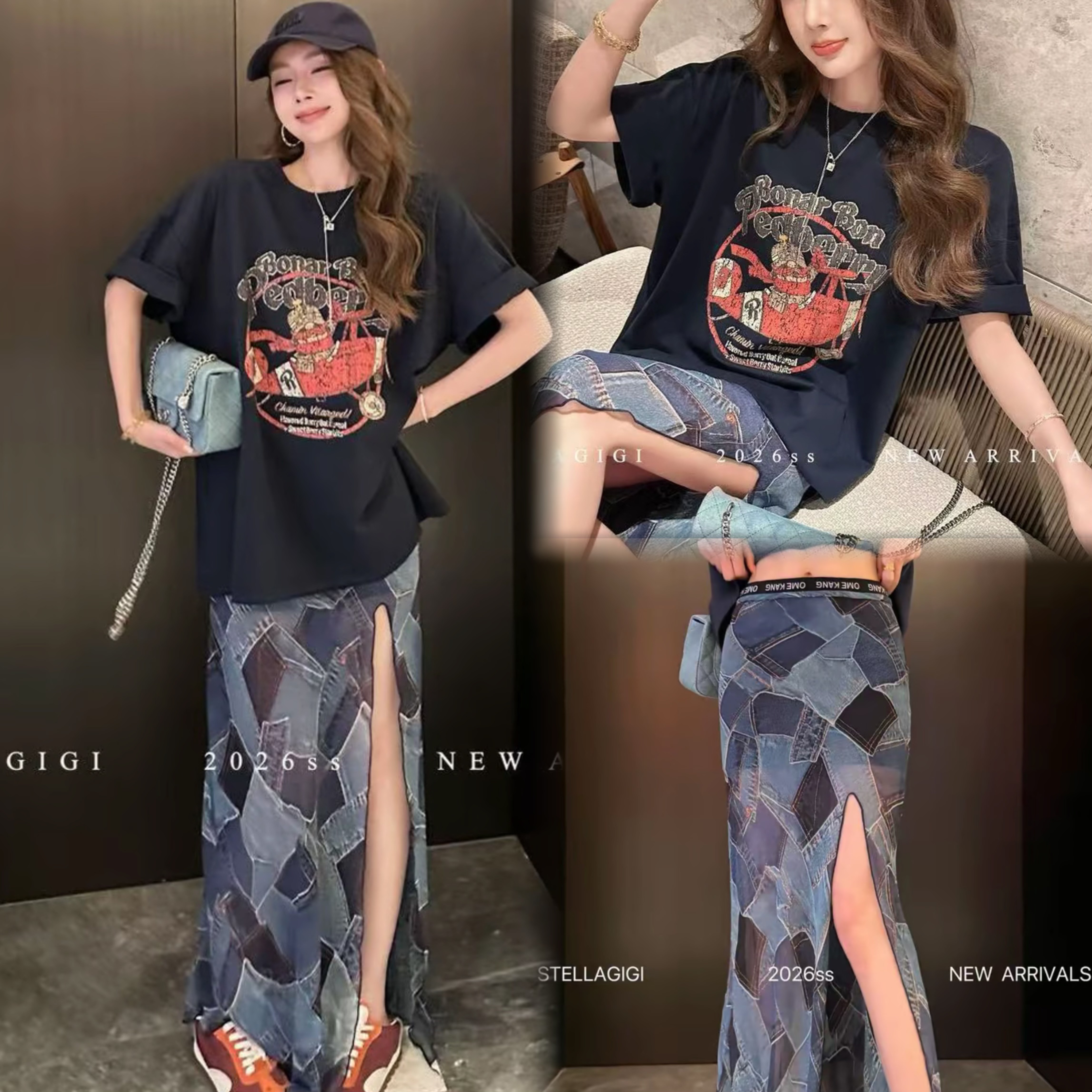 sg 양 에 따르면 샨 ss 레트로 체크무늬 프린트 쉬폰 트임 반신 스커트 맨위 세트